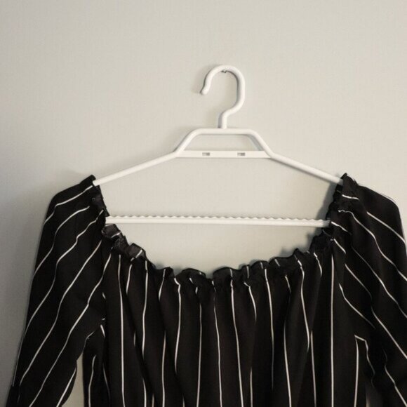 Emery Women's M Black Striped Bell Sleeve Off-the-Shoulder Flare Romper Shorts - Picture 5 of 12